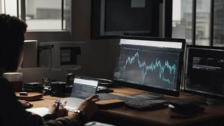 a person sits at a desk with a computer displaying graphs and search engine results, highlighting the process of keyword analysis.