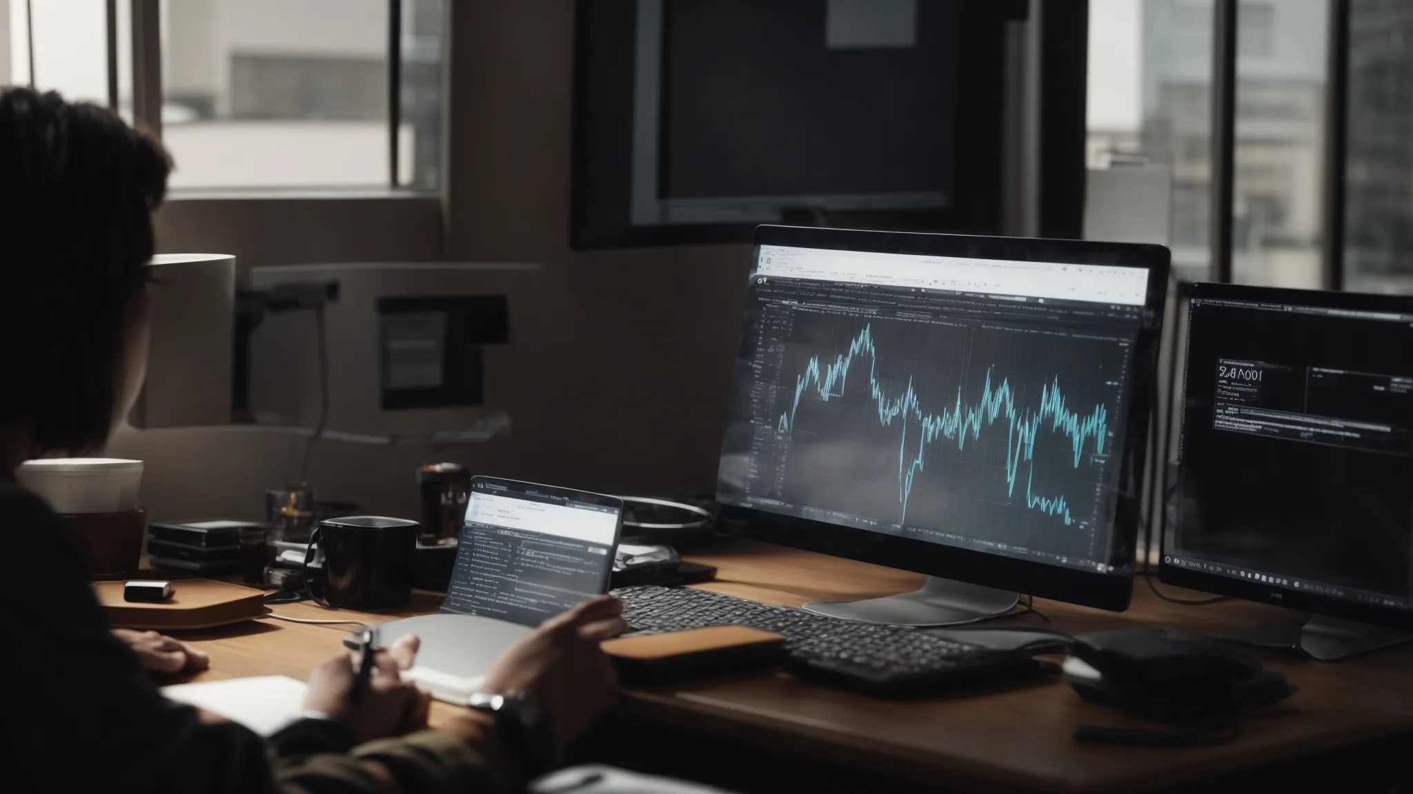 a person sits at a desk with a computer displaying graphs and search engine results, highlighting the process of keyword analysis.