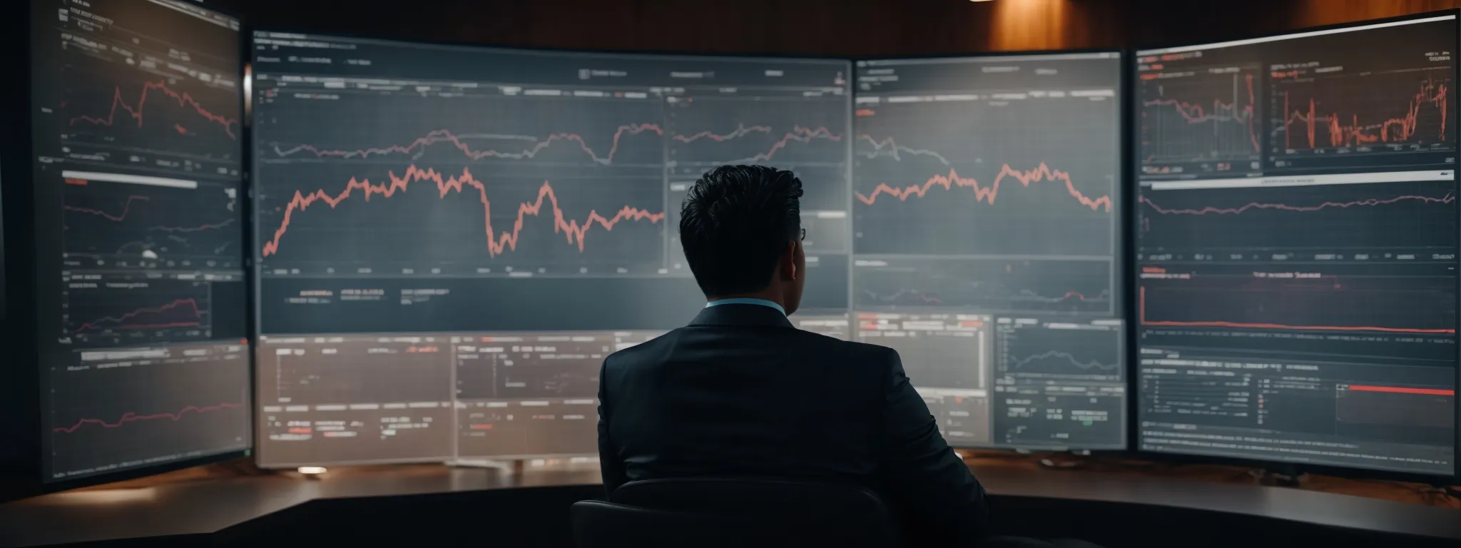a marketer gazes at an expansive dashboard displaying graphs and data analytics, symbolizing the strategic insights gained from a keyword research tool api.