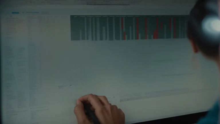 a person analyzing a spreadsheet full of keywords on a computer screen.