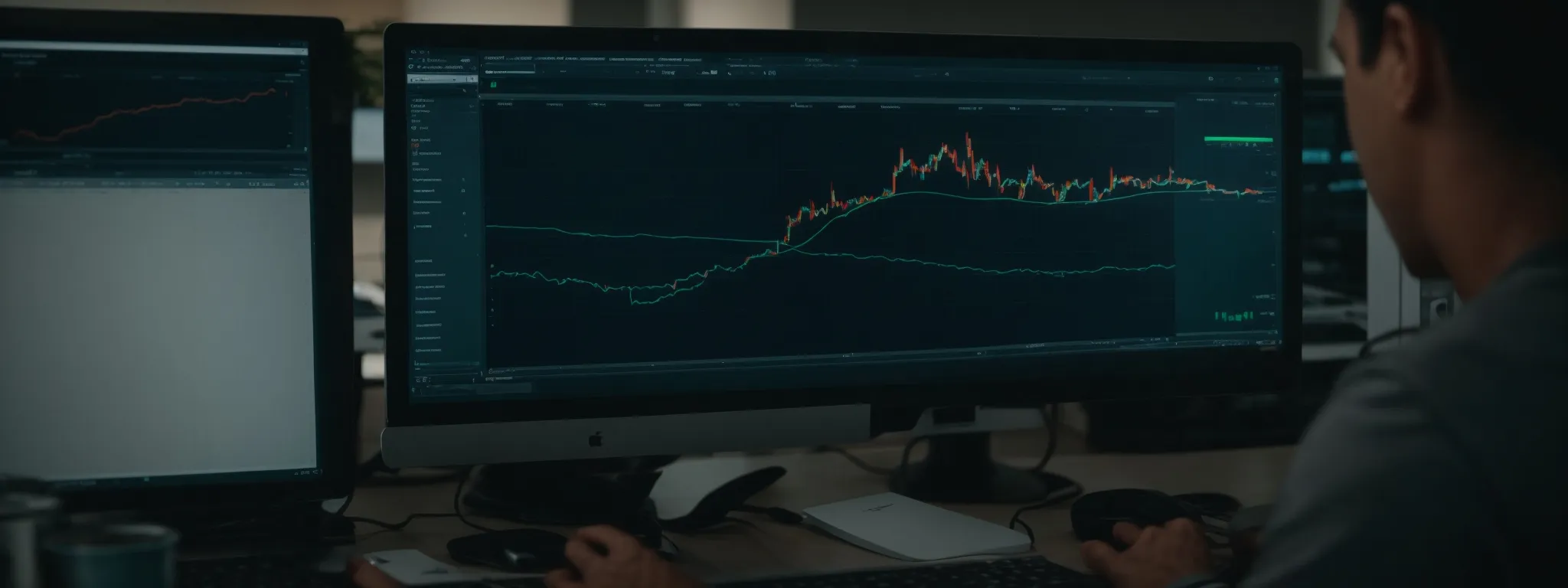 a person engaged in analyzing data trends on a computer screen showcasing a software interface for keyword research.