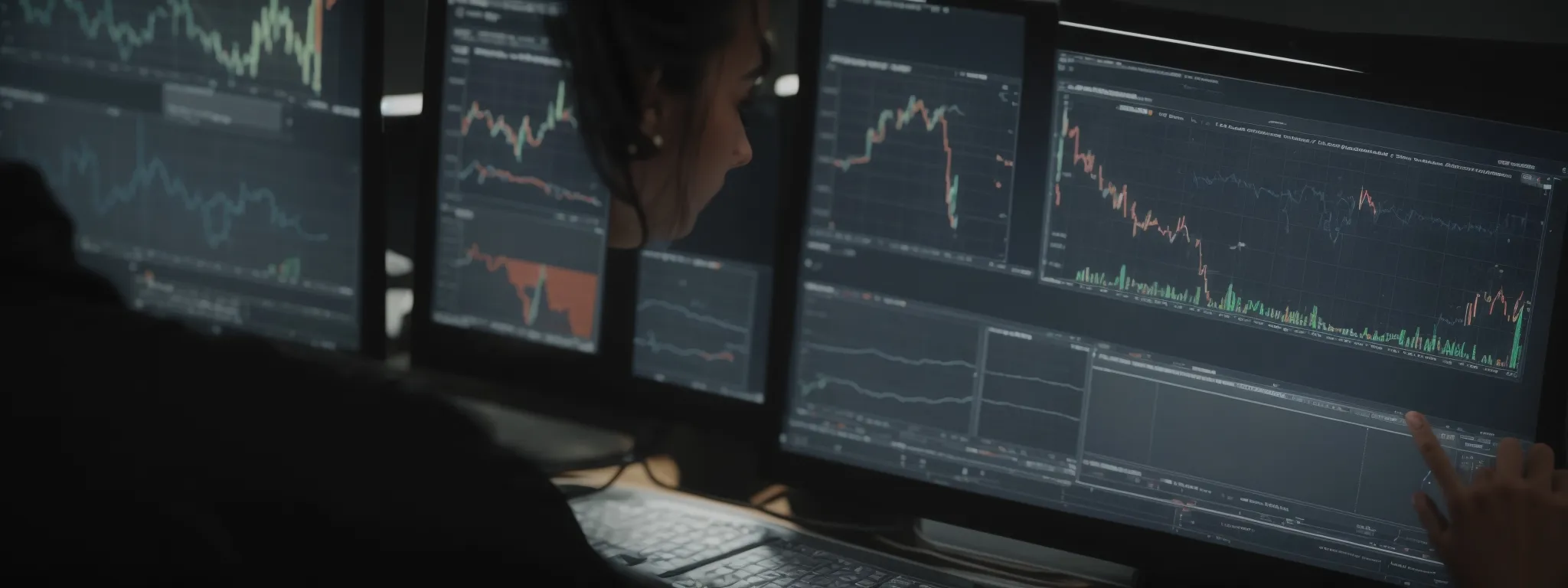 a professional analyzing graphs and charts on a computer screen, illustrating search engine optimization data and strategies.