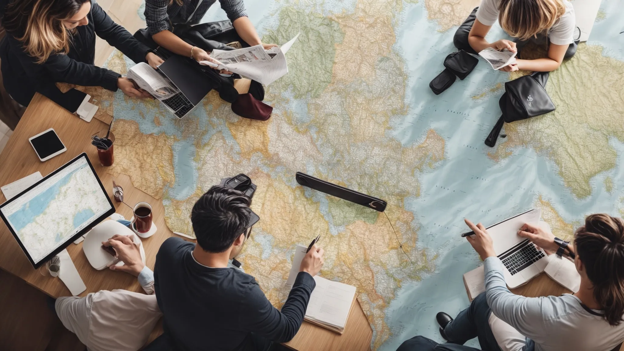 a bustling digital marketing agency team strategizes around a large world map, marking various regions to optimize international seo campaigns.