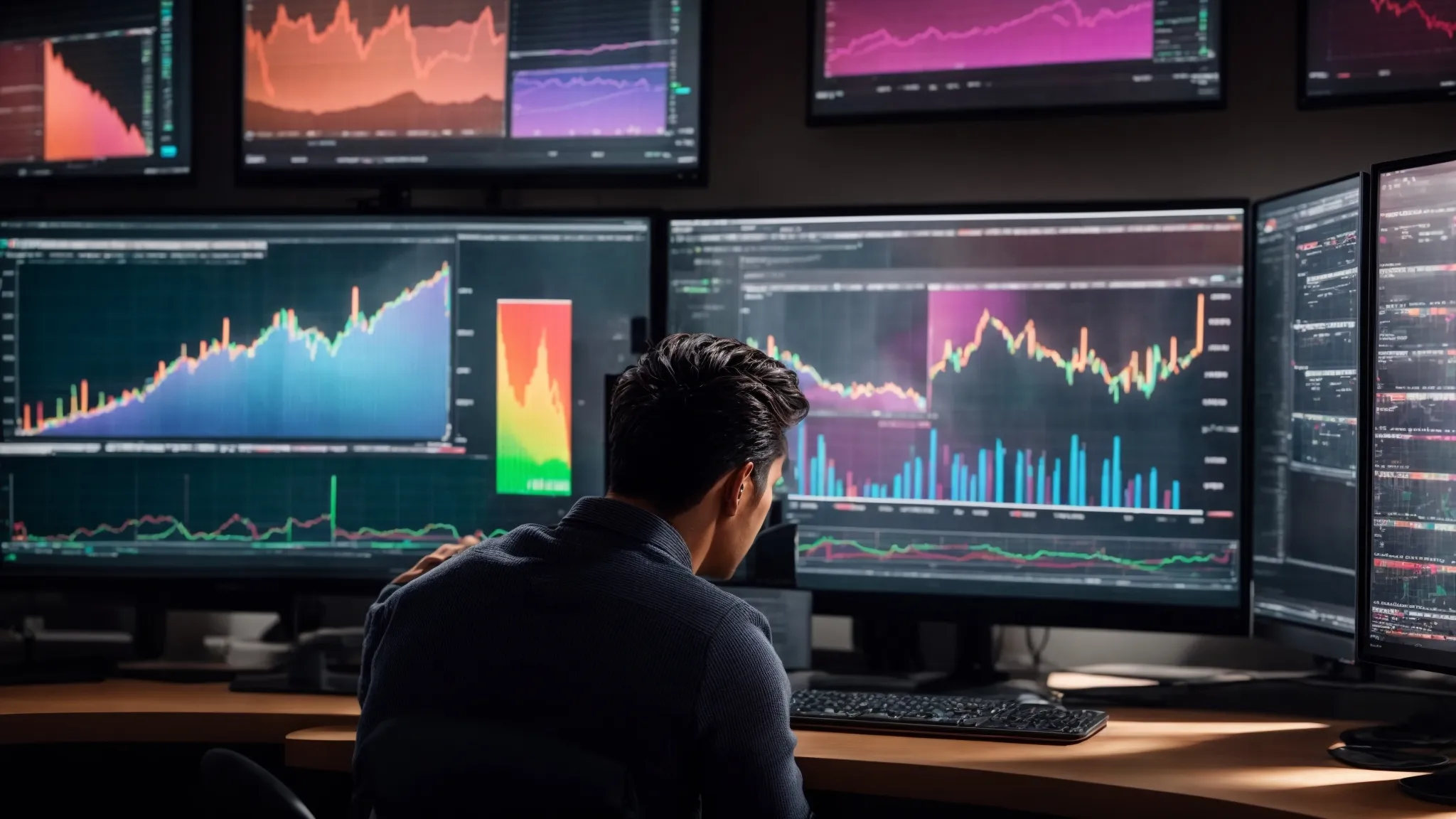 a professional looking intently at colorful graphs and charts displayed on a computer monitor, highlighting search trends and website traffic insights.