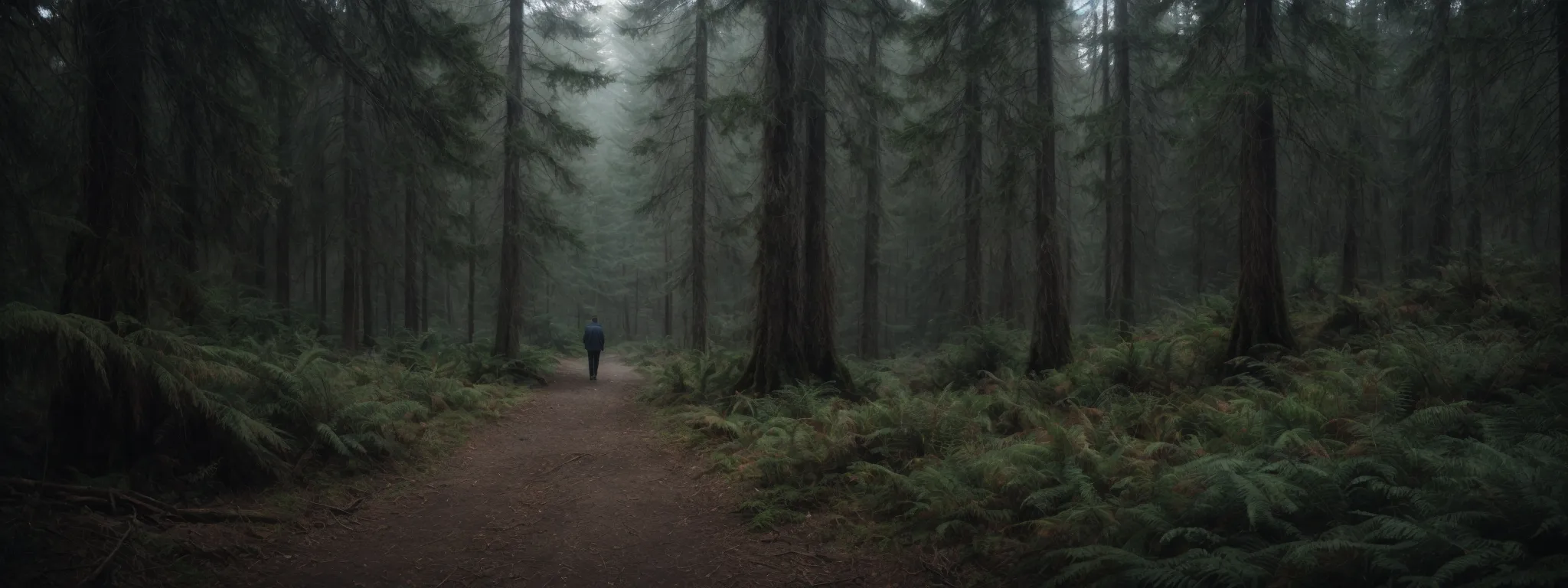 a solitary figure standing at the crossroads of a dense forest, gazing down a narrow, less-trodden path.