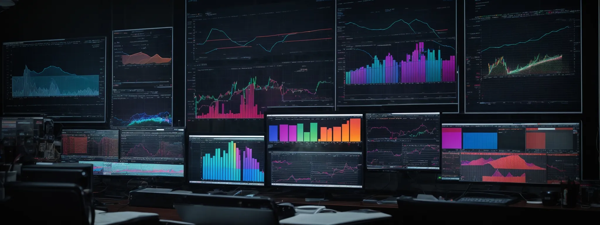 a desk with multiple computer screens displaying colorful graphs and data analytics charts.