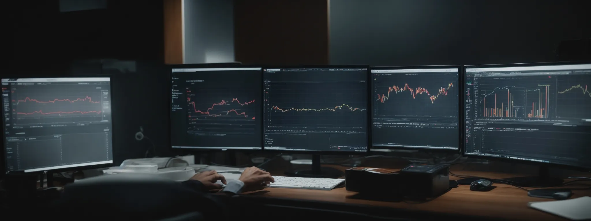a person is seated in front of a computer with multiple charts and graphs on the screen denoting keyword rankings and seo metrics.