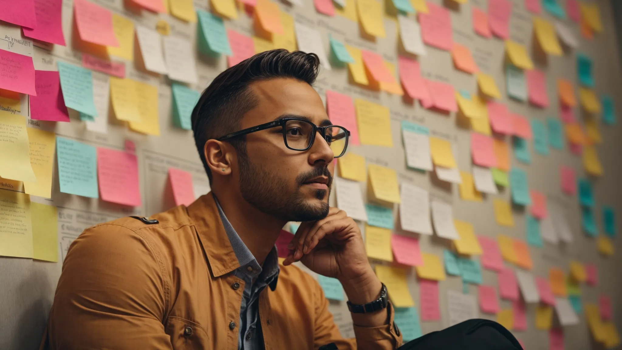a marketer with a thoughtful expression brainstorming over a large calendar on the wall filled with colorful post-it notes, representing different topics and keywords.