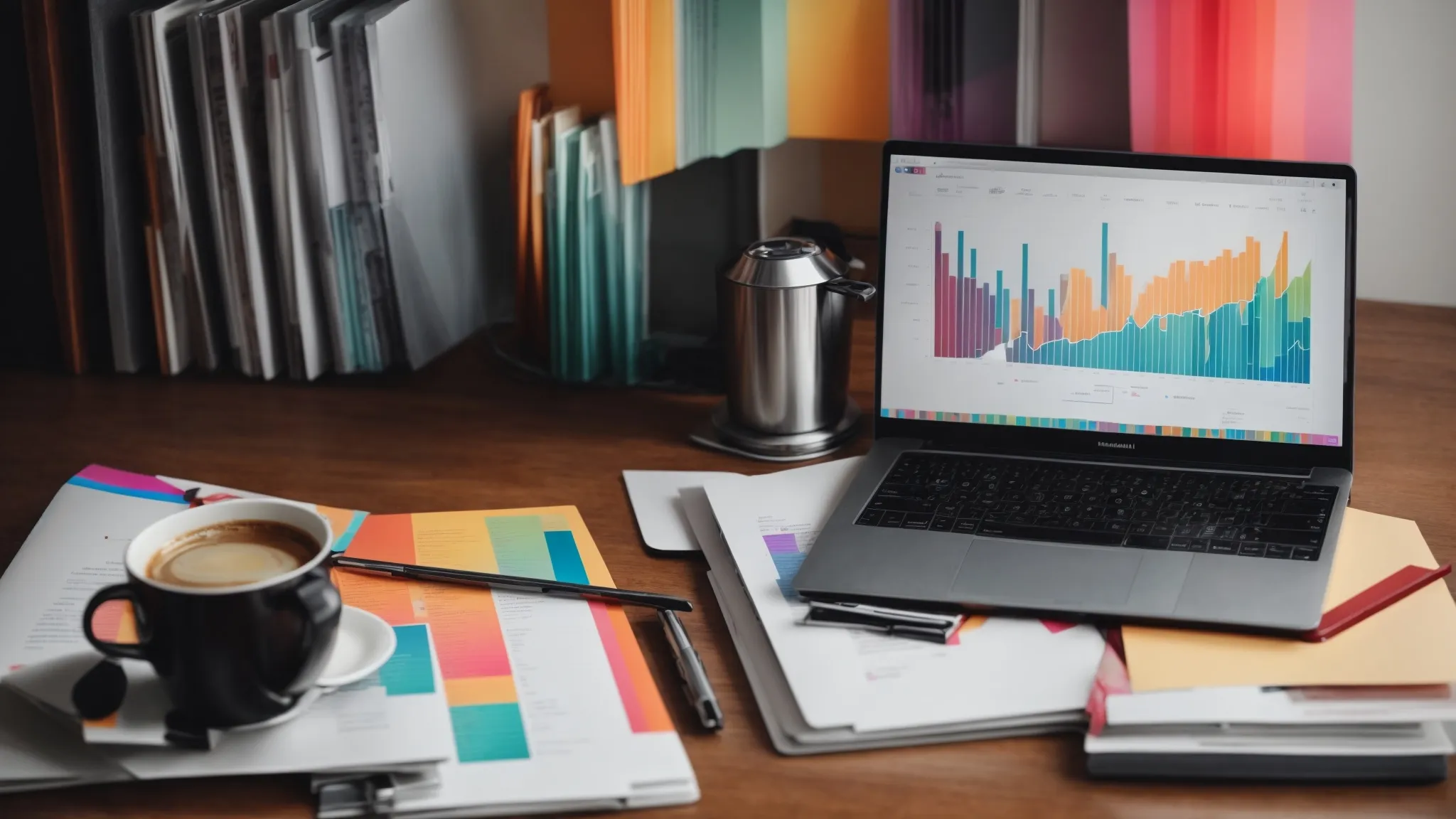 a laptop on a desk displaying colorful graphs and charts depicting keyword trends surrounded by notepads and a cup of coffee.