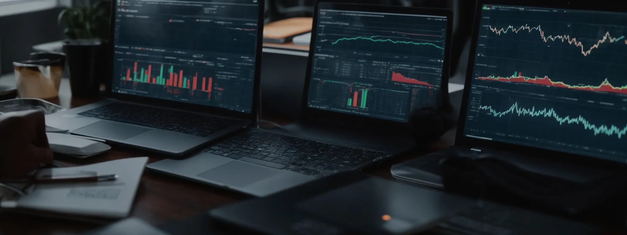 a person working on a laptop with charts and graphs illuminating the screen, symbolizing data analysis for seo optimization.