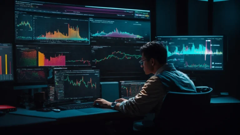 a focused individual viewing colorful analytics and graphs on a computer screen, representing search trends and keyword data.