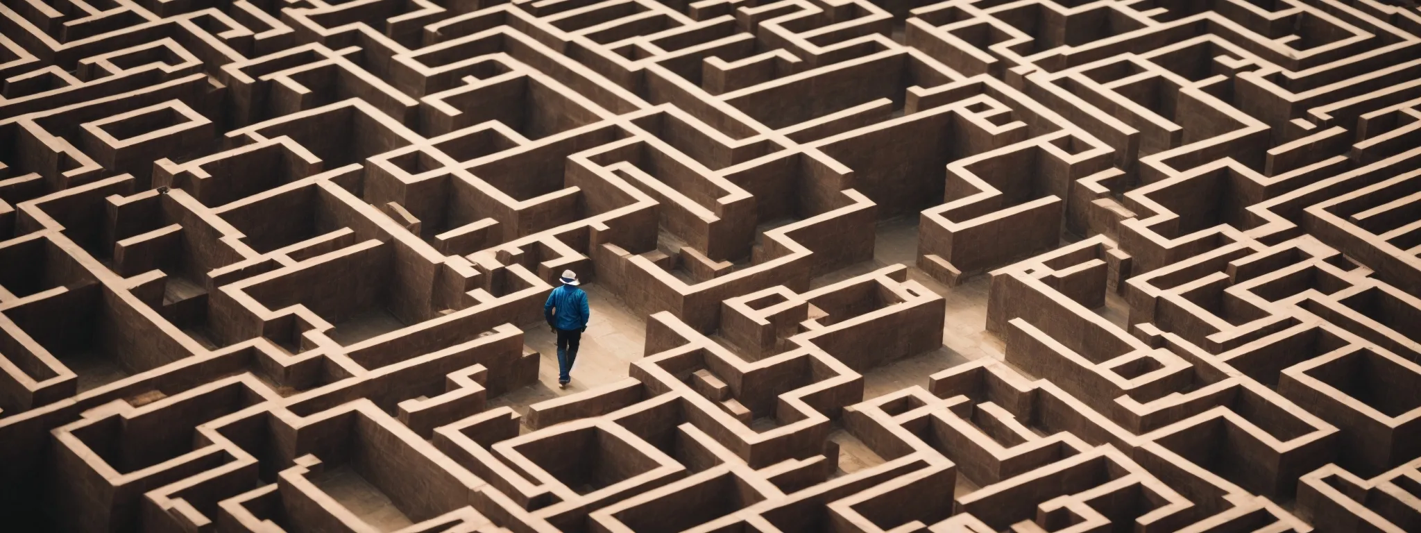a person navigating a large, intricate maze from an aerial view, suggesting strategy and complex navigation.