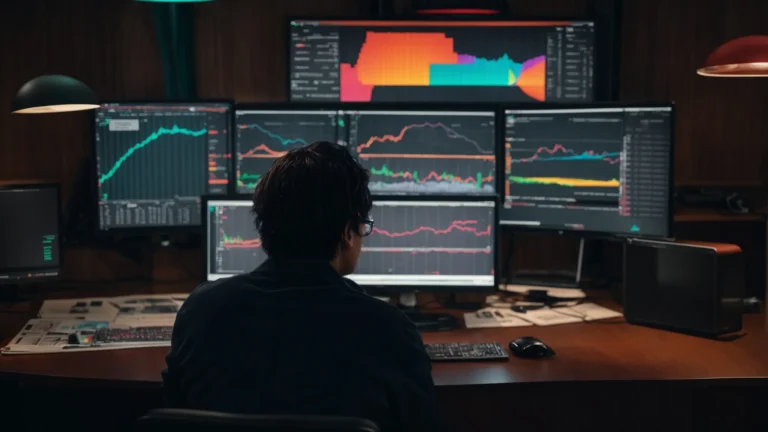 a person sitting in front of a computer screen displaying colorful graphs and data analysis charts.