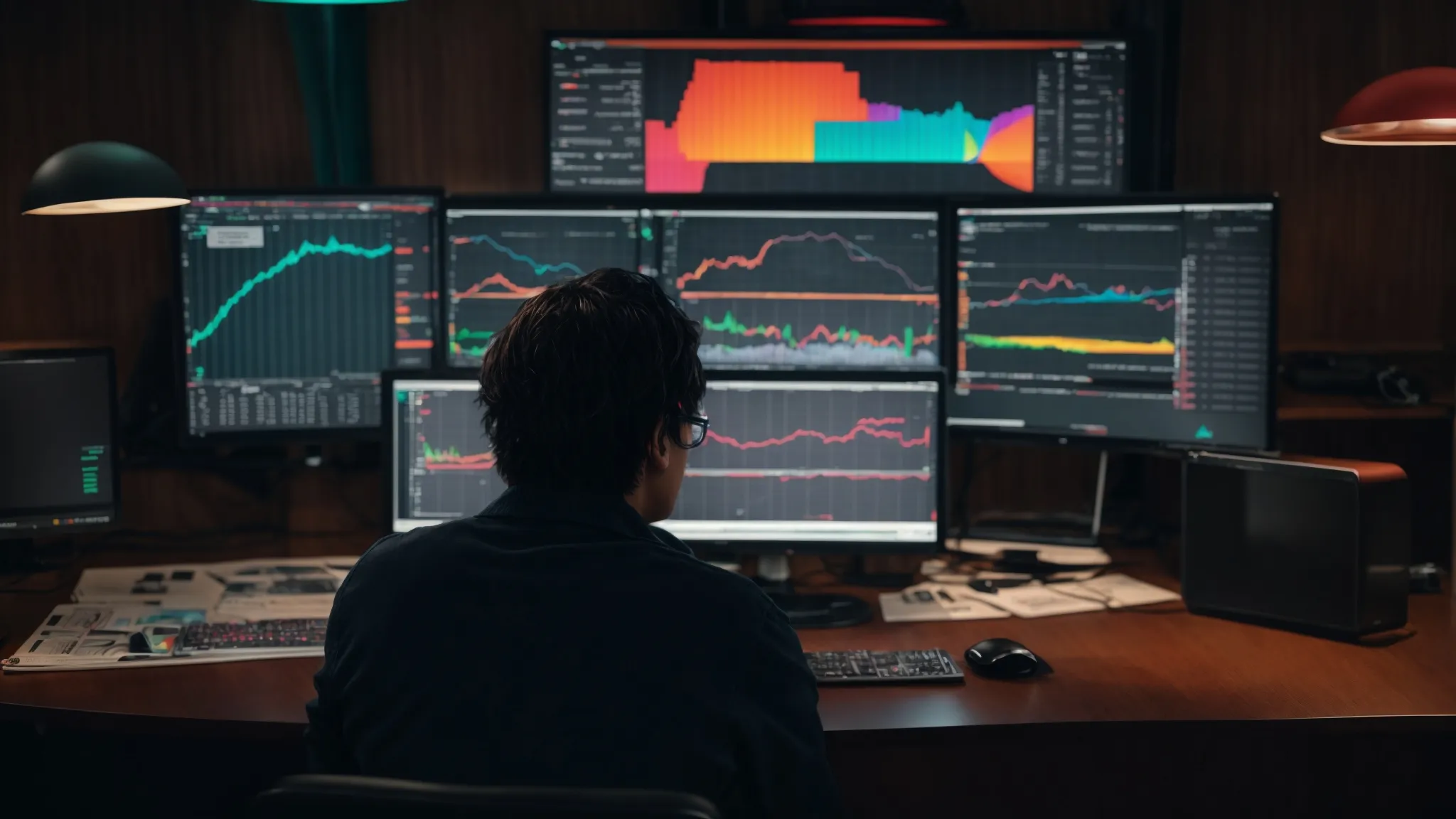 a person sitting in front of a computer screen displaying colorful graphs and data analysis charts.