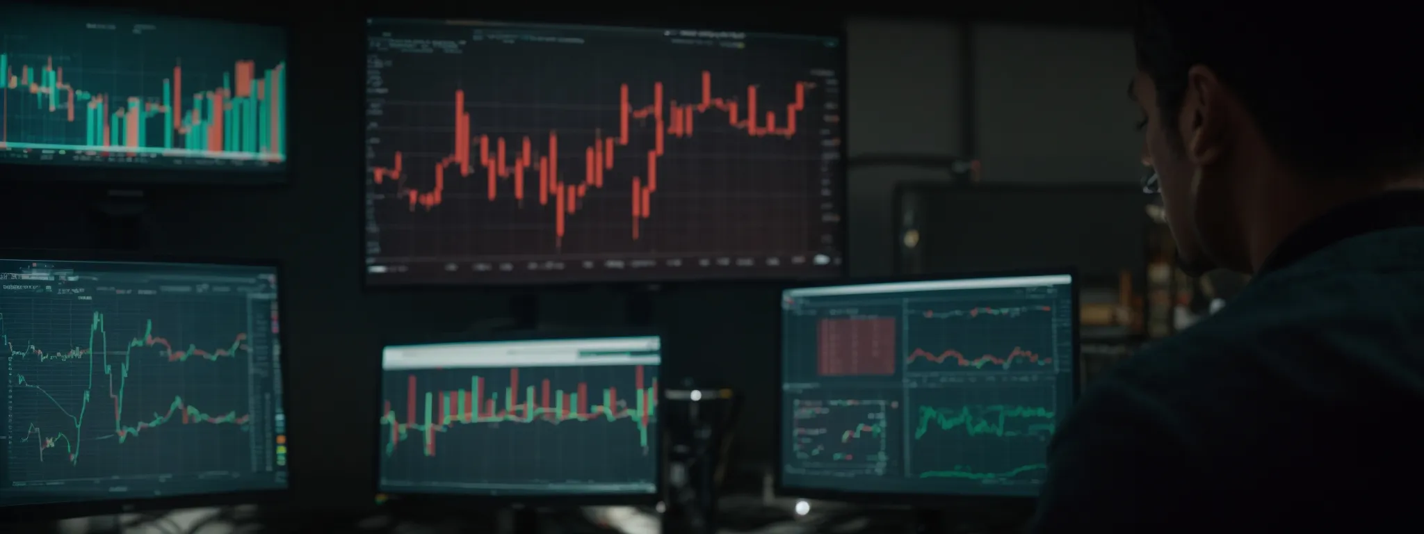 a person gazes intently at a computer screen displaying colorful analytics graphs and keyword performance charts.