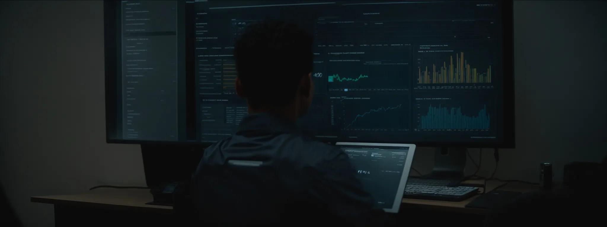 an individual observing a comprehensive analytics dashboard on a computer screen that displays keyword performance metrics.