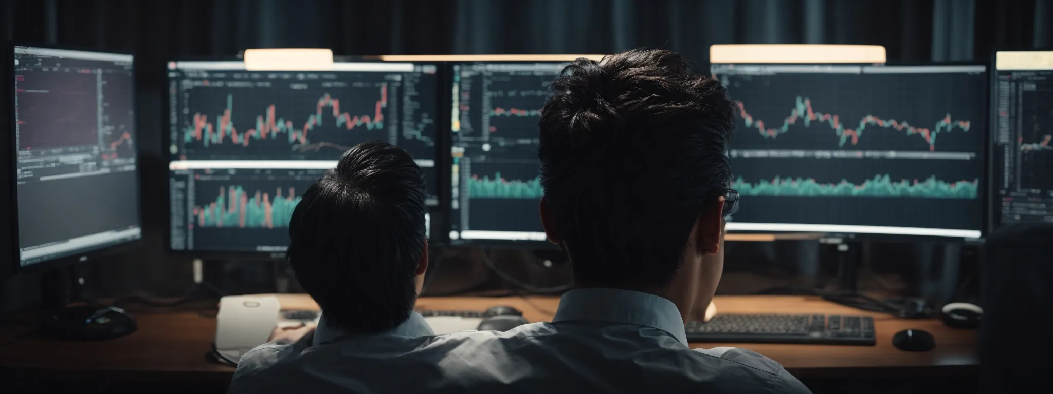 a person intently staring at a computer screen with charts and graphs reflecting search engine optimization analytics.