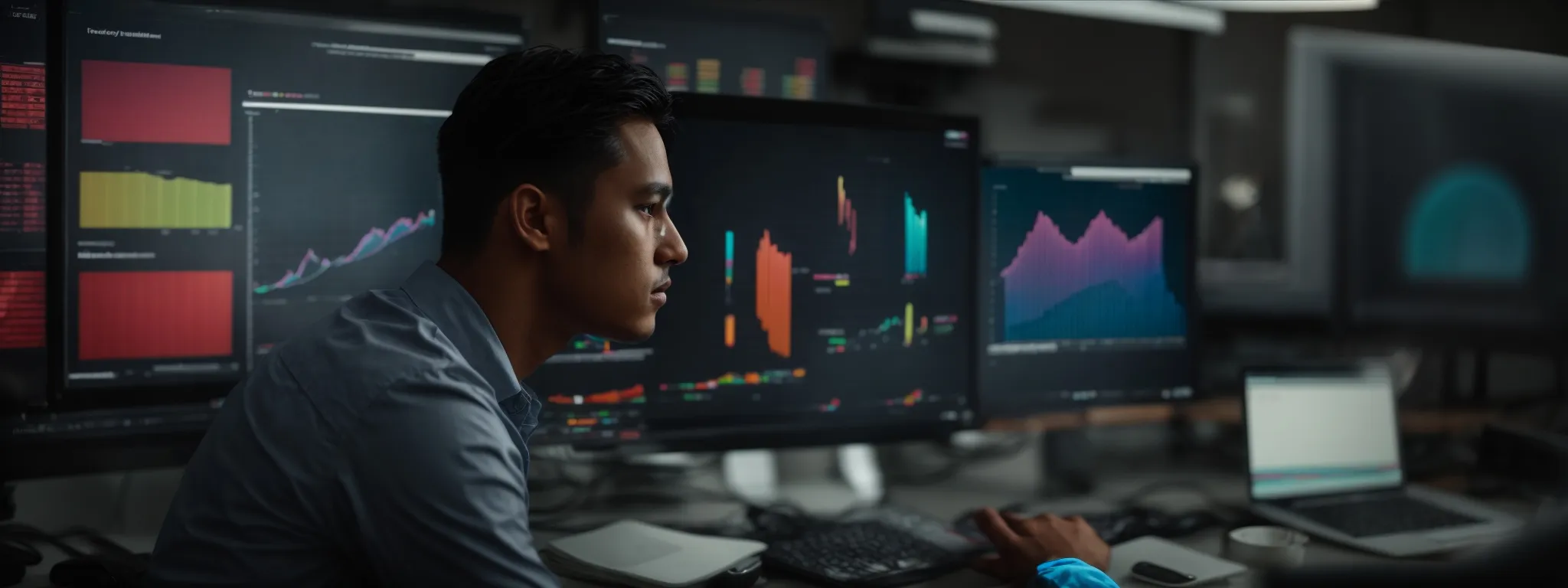 a person gazes at a computer screen displaying colorful graphs and pie charts representing keyword performance metrics.