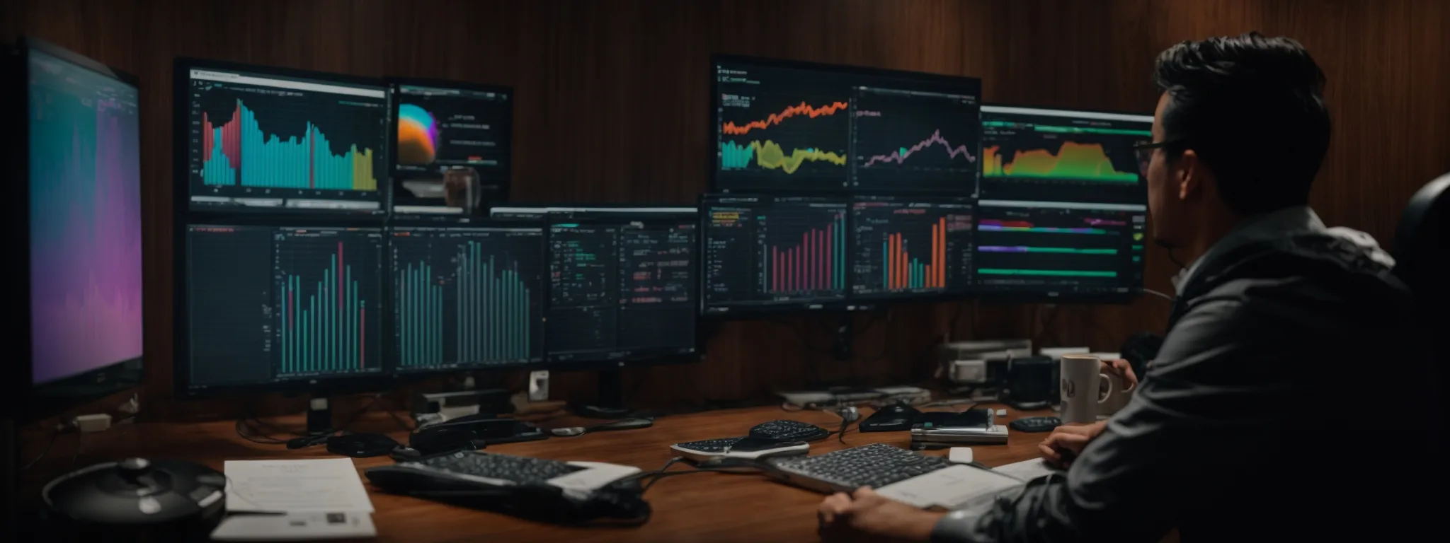 a marketer gazes intently at a computer screen displaying colorful graphs and keyword performance metrics.