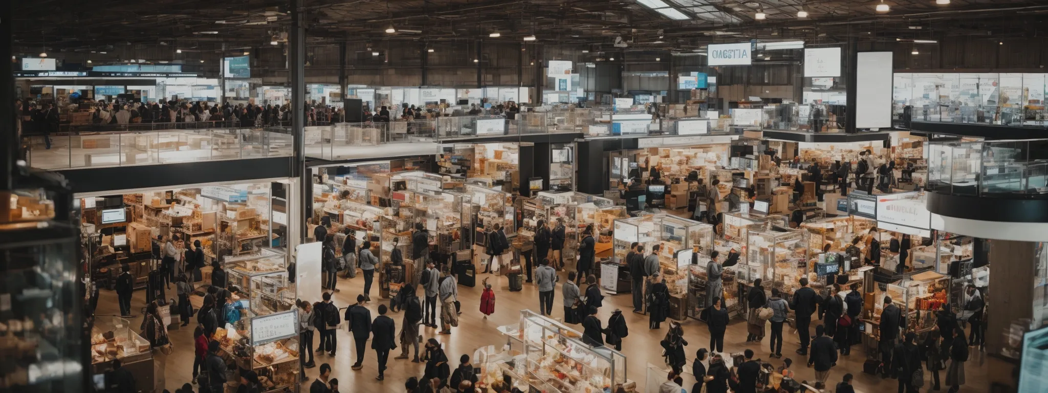 a bustling online marketplace bustling with activity where sellers analyze seo (search engine optimization) trends on digital charts.