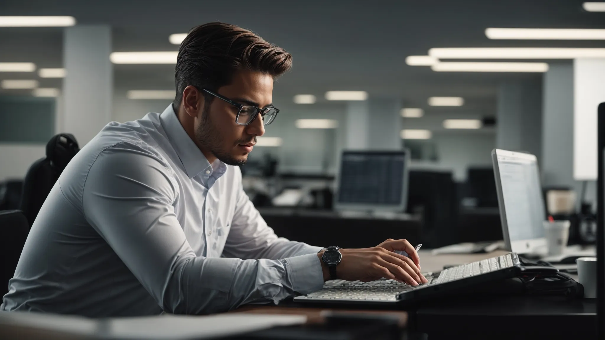 a focused individual analyzing data and trends on a computer screen in a well-organized, bright office environment.