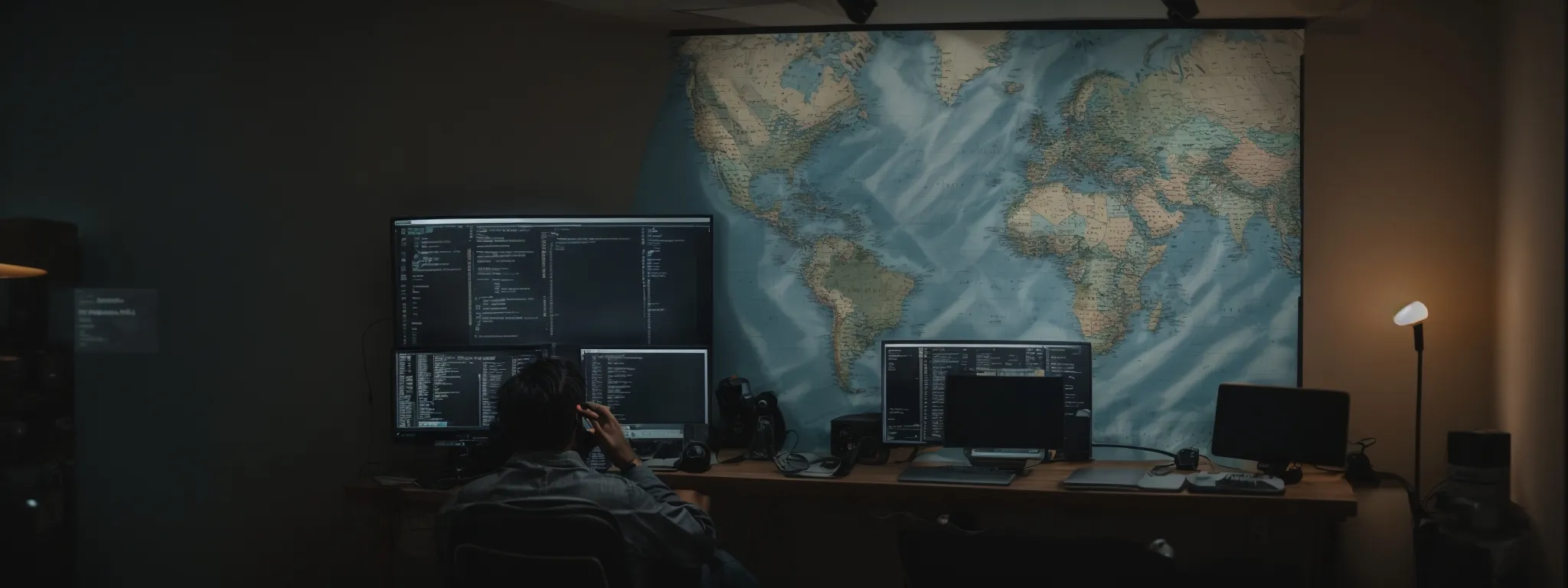 a web developer gazes at a world map on a computer screen, plotting global seo strategies.