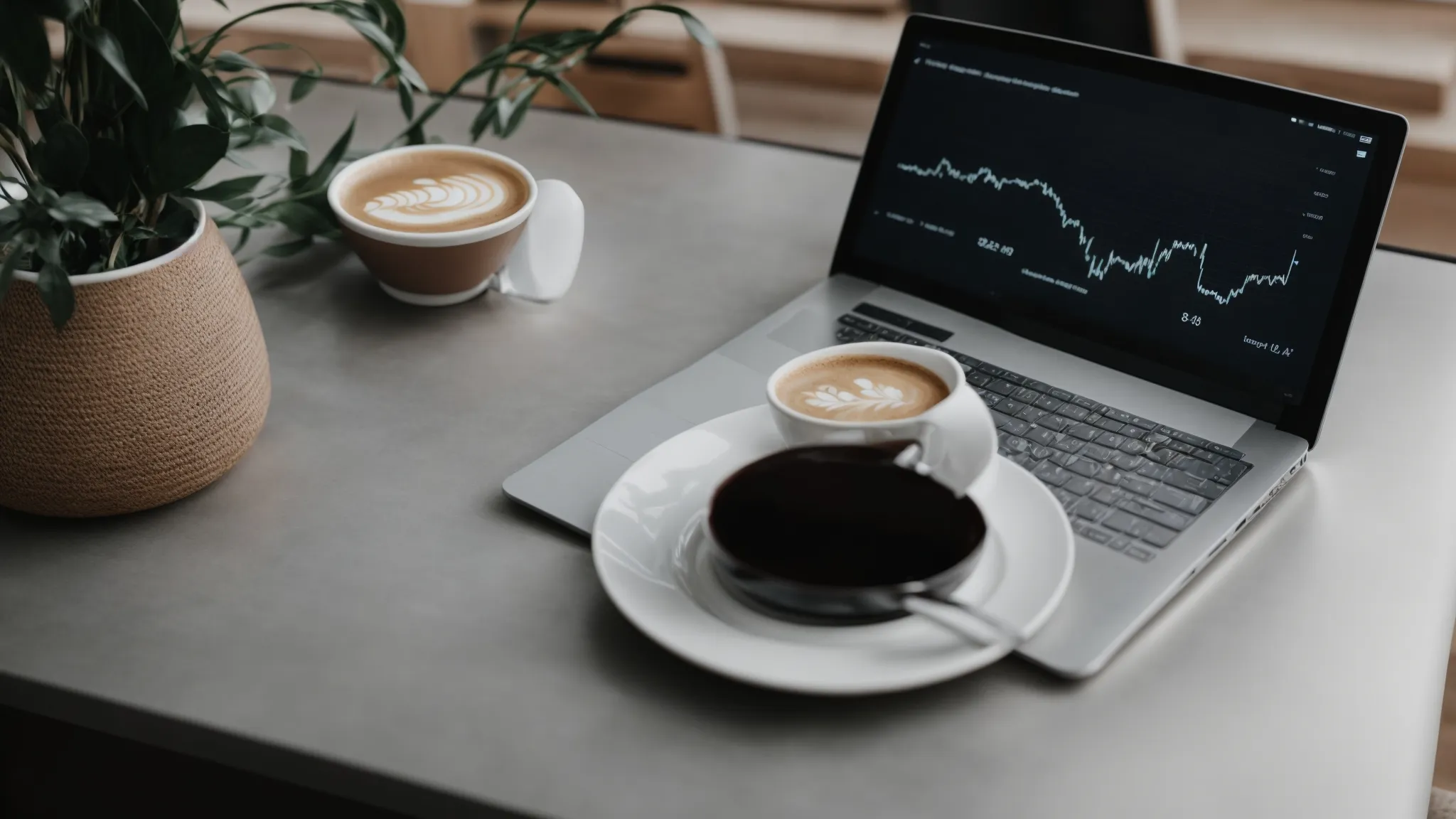 a laptop with graphs on the screen placed on a table next to a cup of coffee.