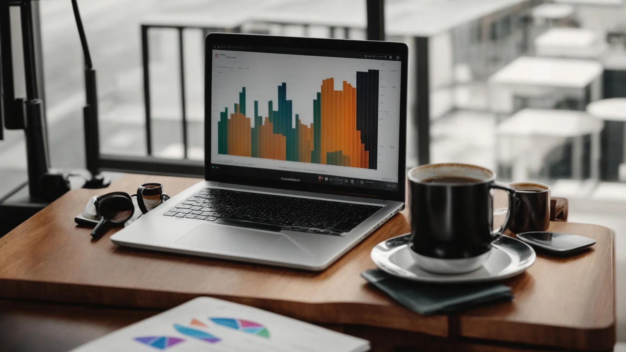 a laptop displaying colorful graphs and charts on keyword performance next to a notepad and a cup of coffee.