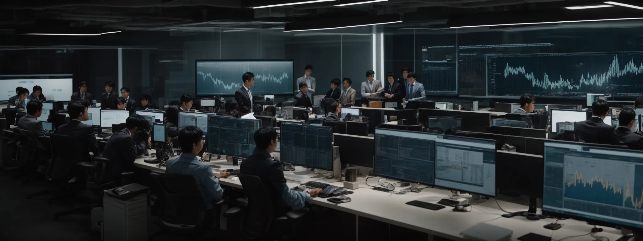 a bustling open-plan office with content creators intently analyzing data dashboards on large screens.