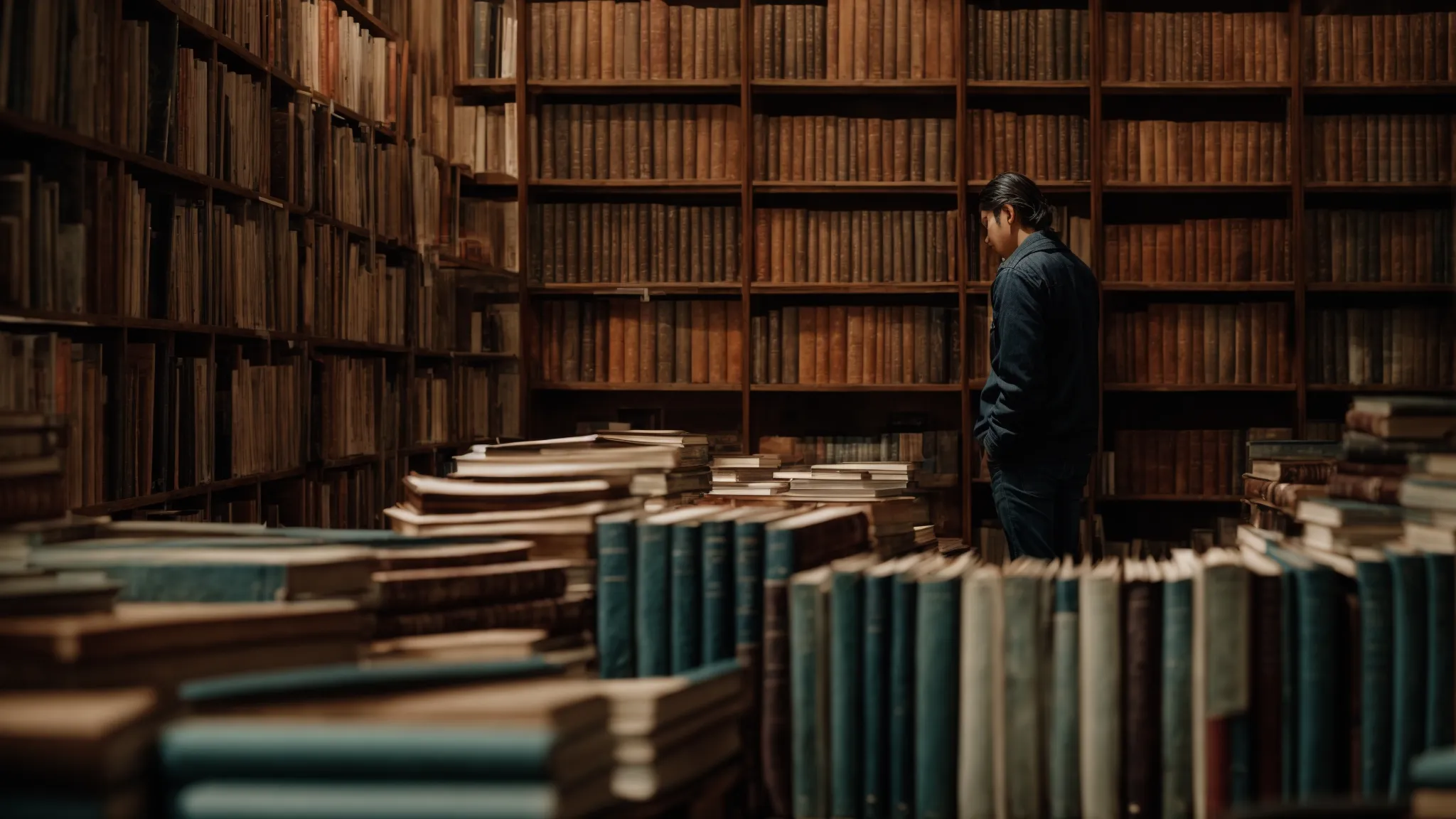 a person browsing through a dense library of books, symbolizing the search for detailed information.