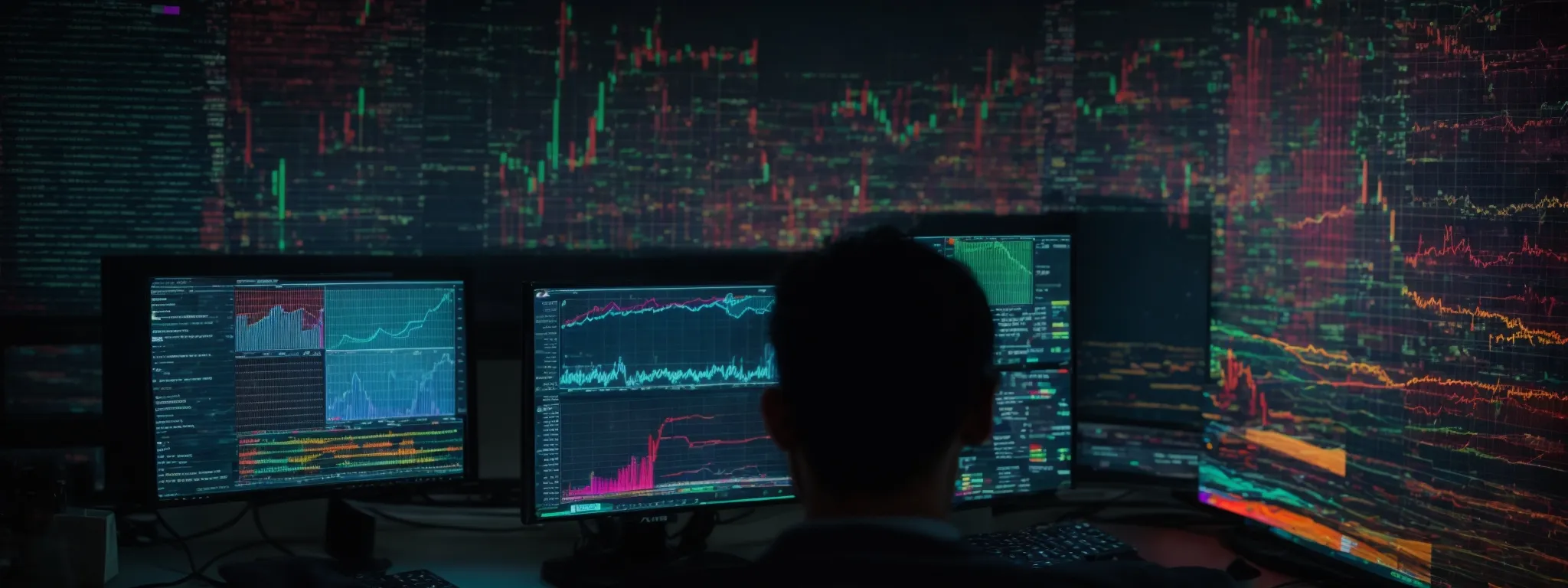 a person gazes intently at a vibrant computer screen displaying colorful graphs and data analytics.