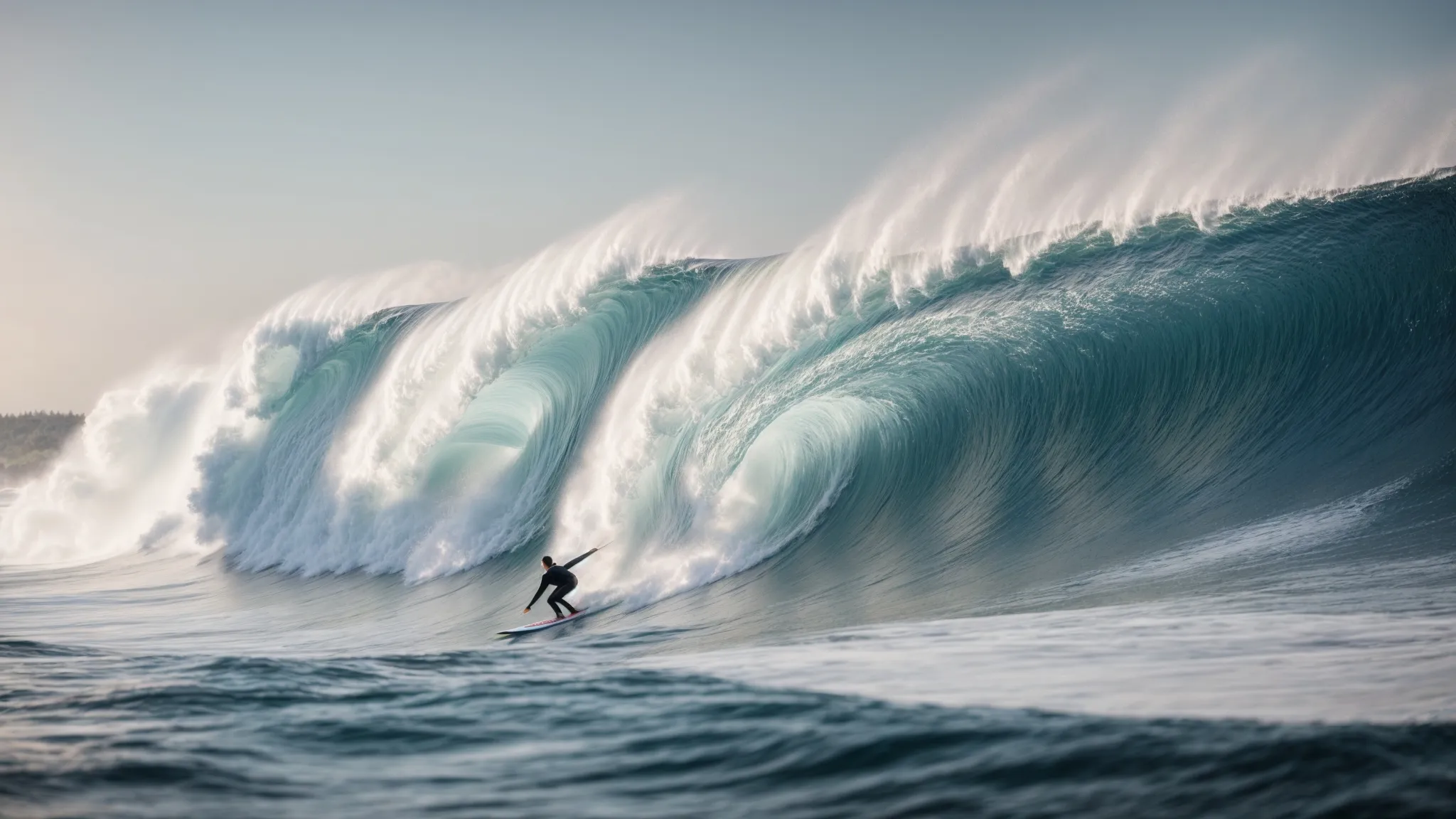 a person surfing a giant wave, embodying the idea of skillfully navigating and staying ahead in a constantly moving environment.