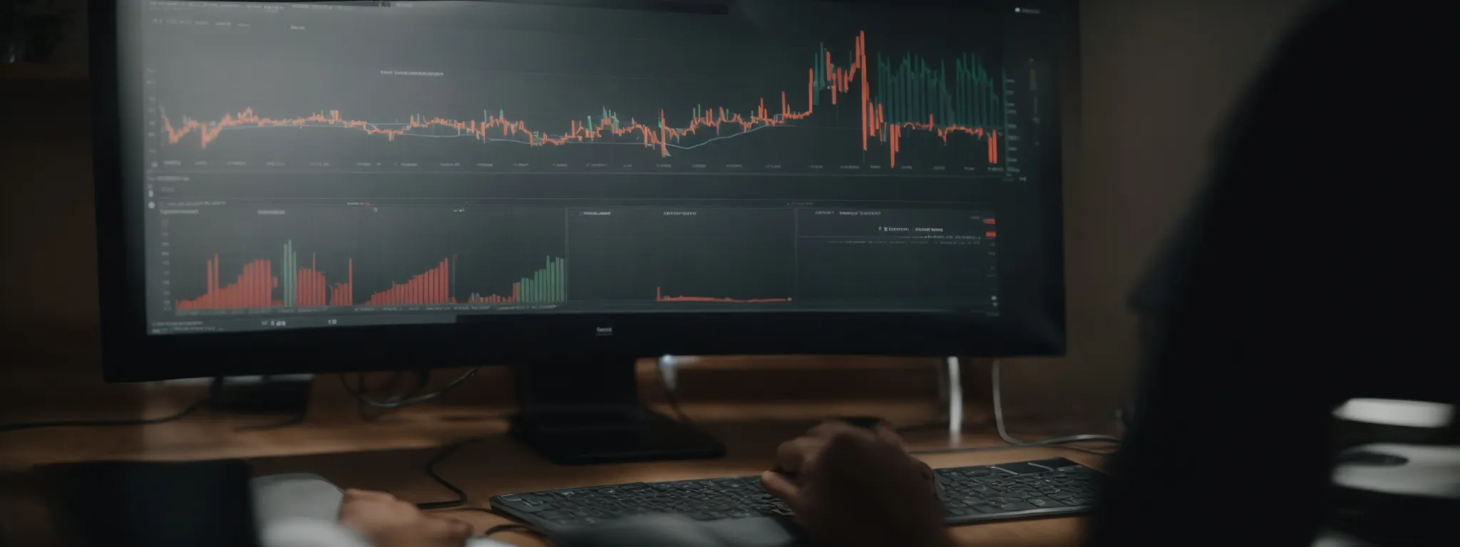 a marketer analyzes a graph showing an upward trend in website traffic on a computer screen.