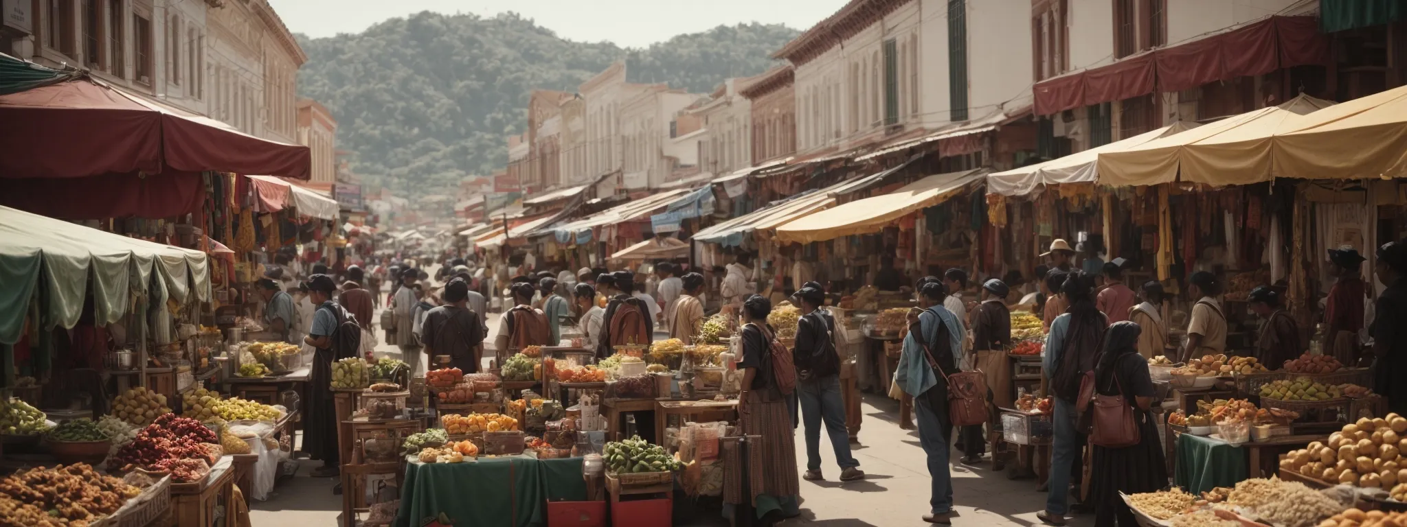 a bustling, diverse street market in a small town with various local shops showcasing their products.