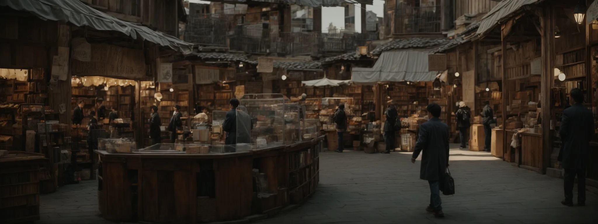 a person stands at the intersection of two paths, one winding through a bustling marketplace and the other leading into a quiet library.