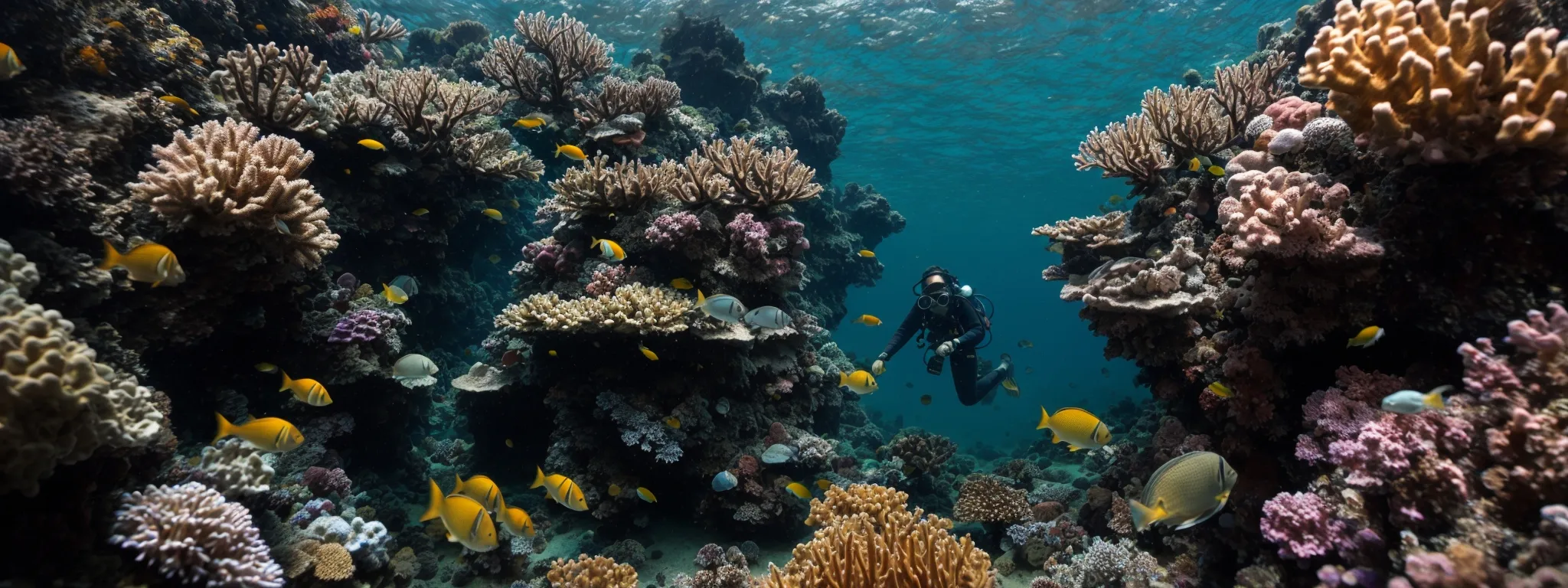 a diver exploring an underwater landscape teeming with colorful coral reefs and fish, symbolizing the search for hidden keywords.