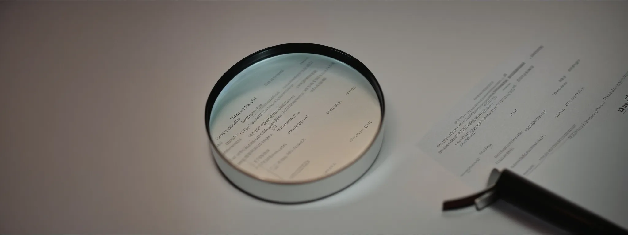 an illuminated magnifying glass hovering over a dense keyword data sheet, casting a warm glow on a marketer's desk.