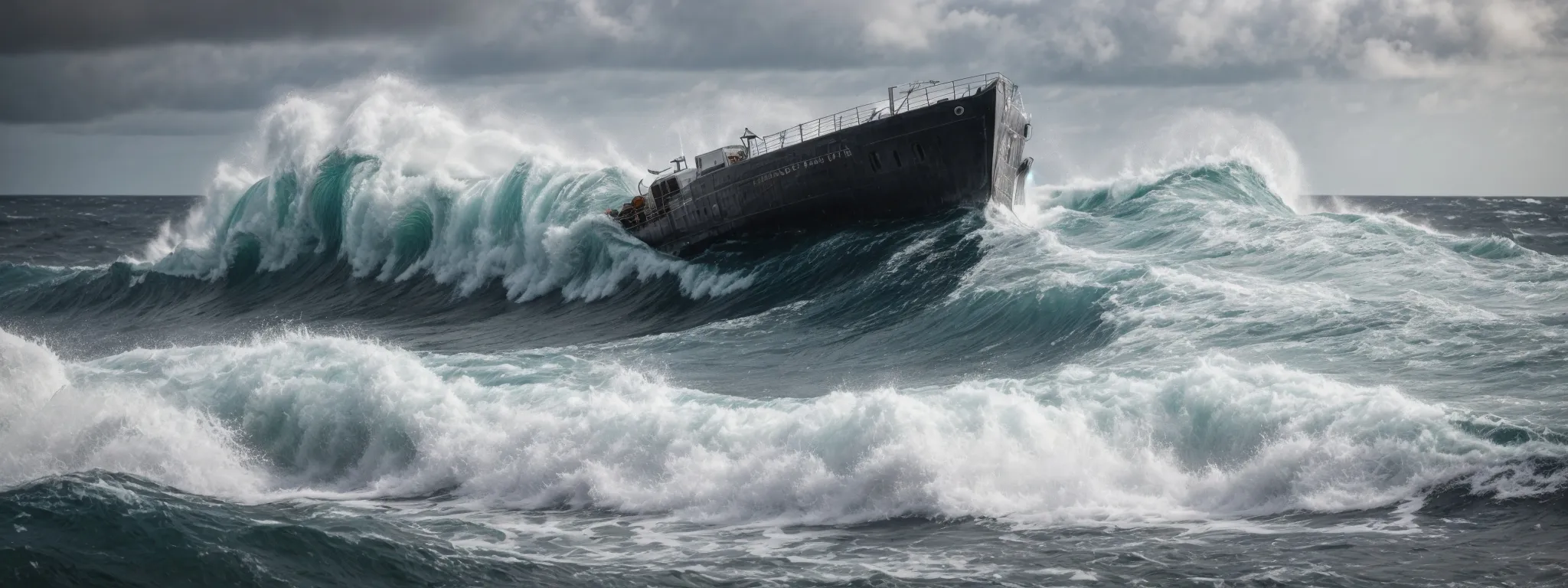 a lone ship braves the relentless, churning ocean, symbolizing the continuous struggle for mastering keyword research amidst the unpredictable tides of seo.