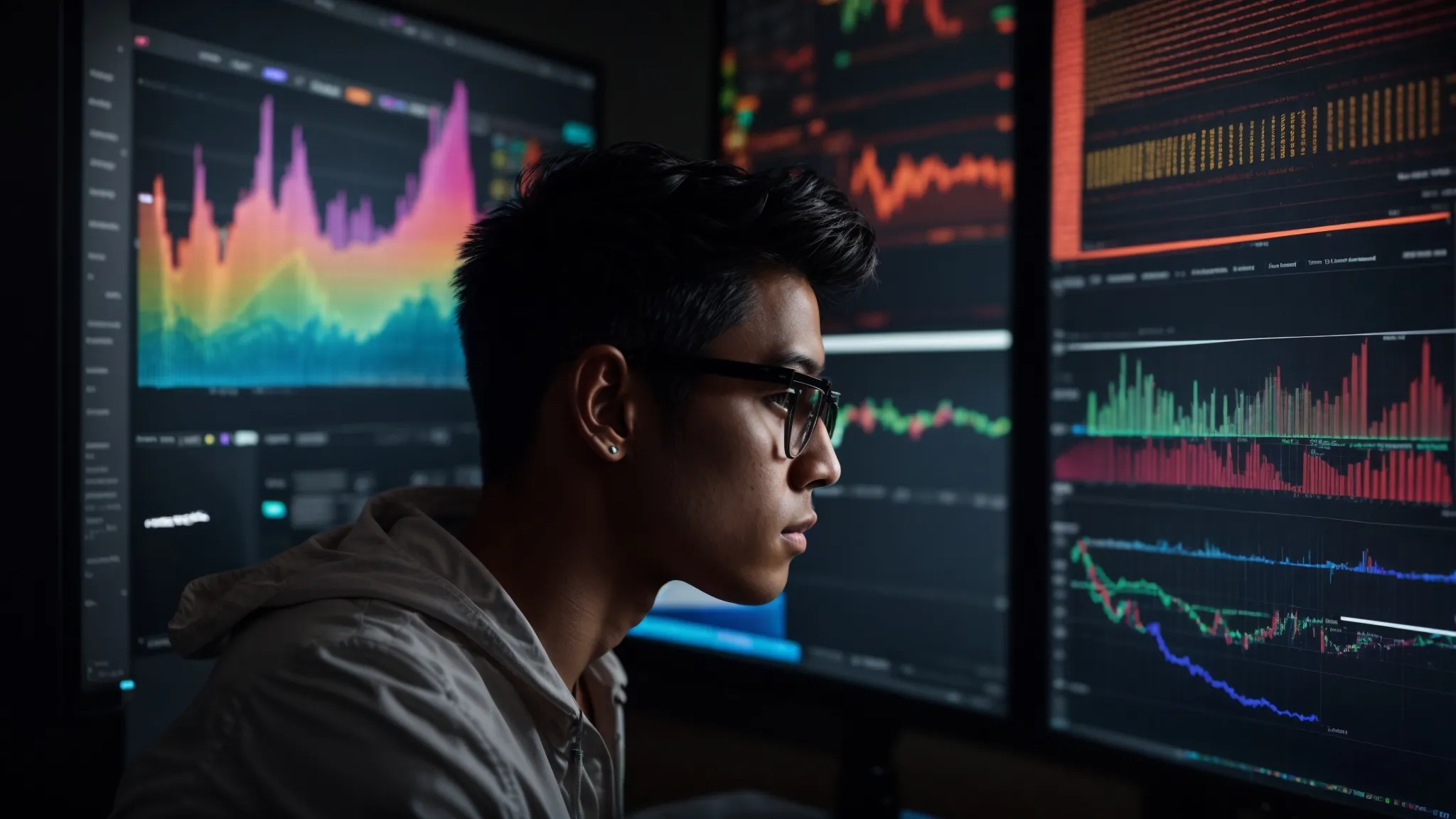 a person intently focuses on a computer screen displaying colorful graphs and data analytics related to search engine keywords.