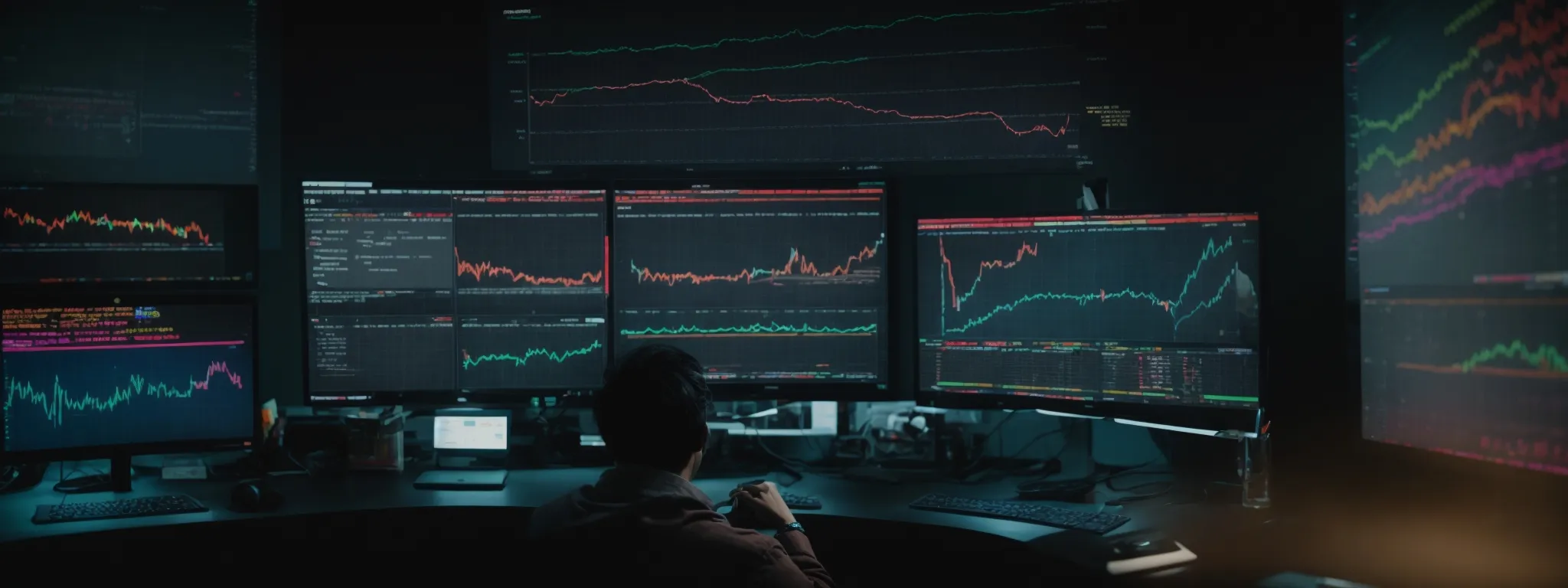 a person sits in front of a computer screen displaying colorful graphs and lists related to seo and keyword analysis.