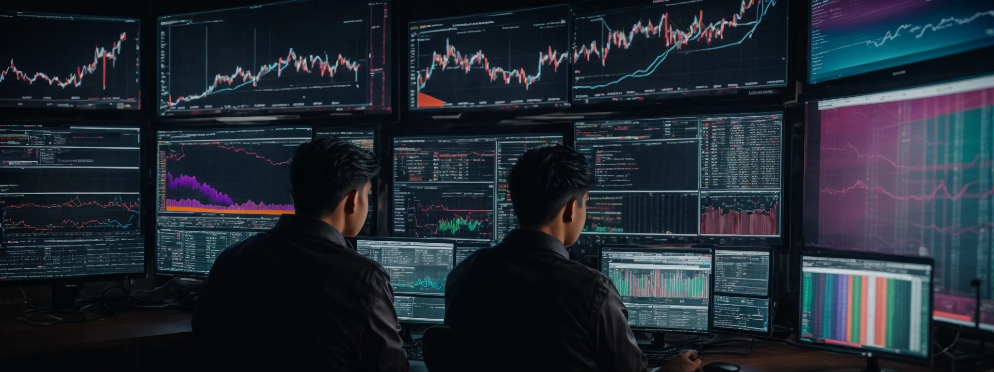 a person intently studying multiple computer screens displaying colorful graphs and analytics data for search engine optimization.