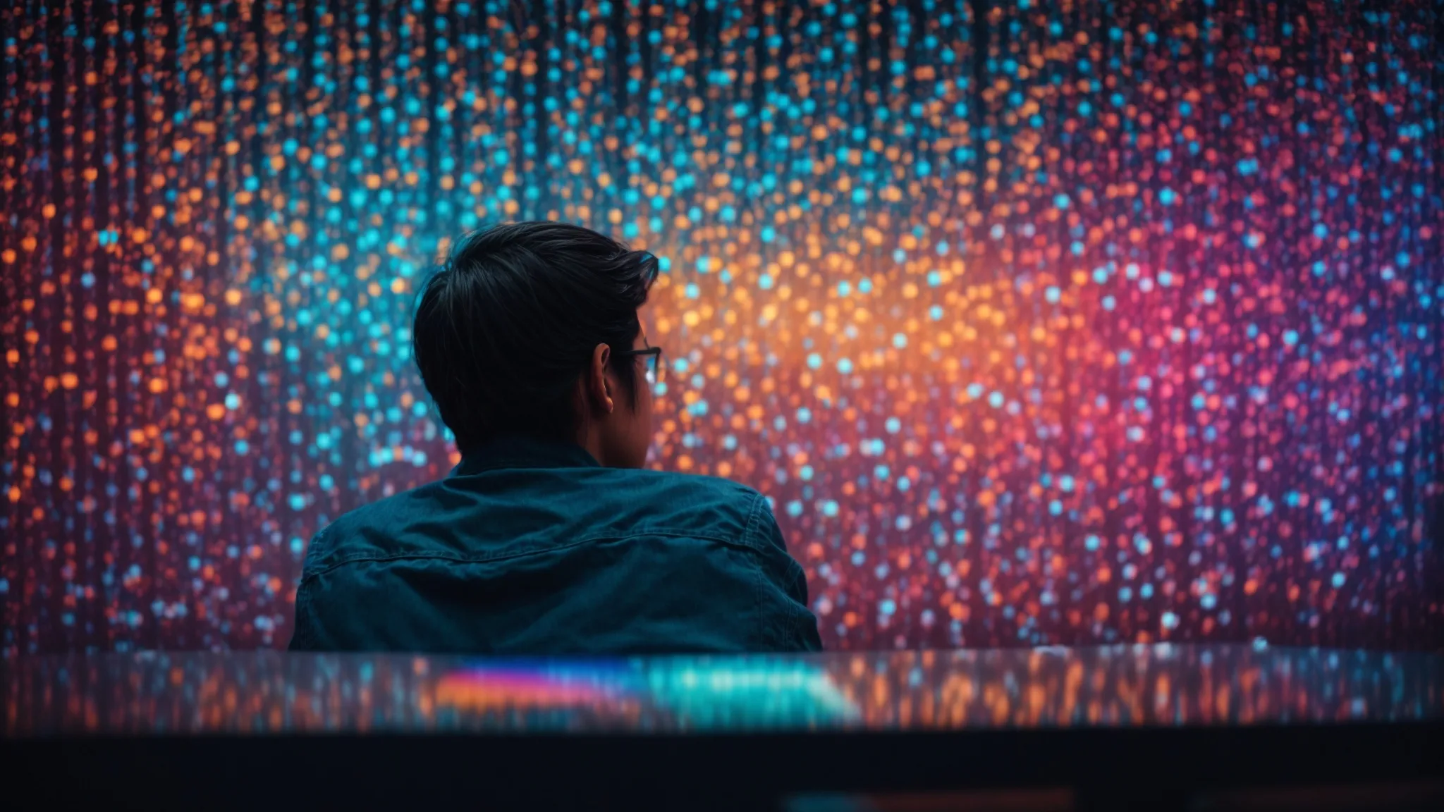 a person on a computer gazes intently at a screen displaying an array of colorful, interconnected search term bubbles.