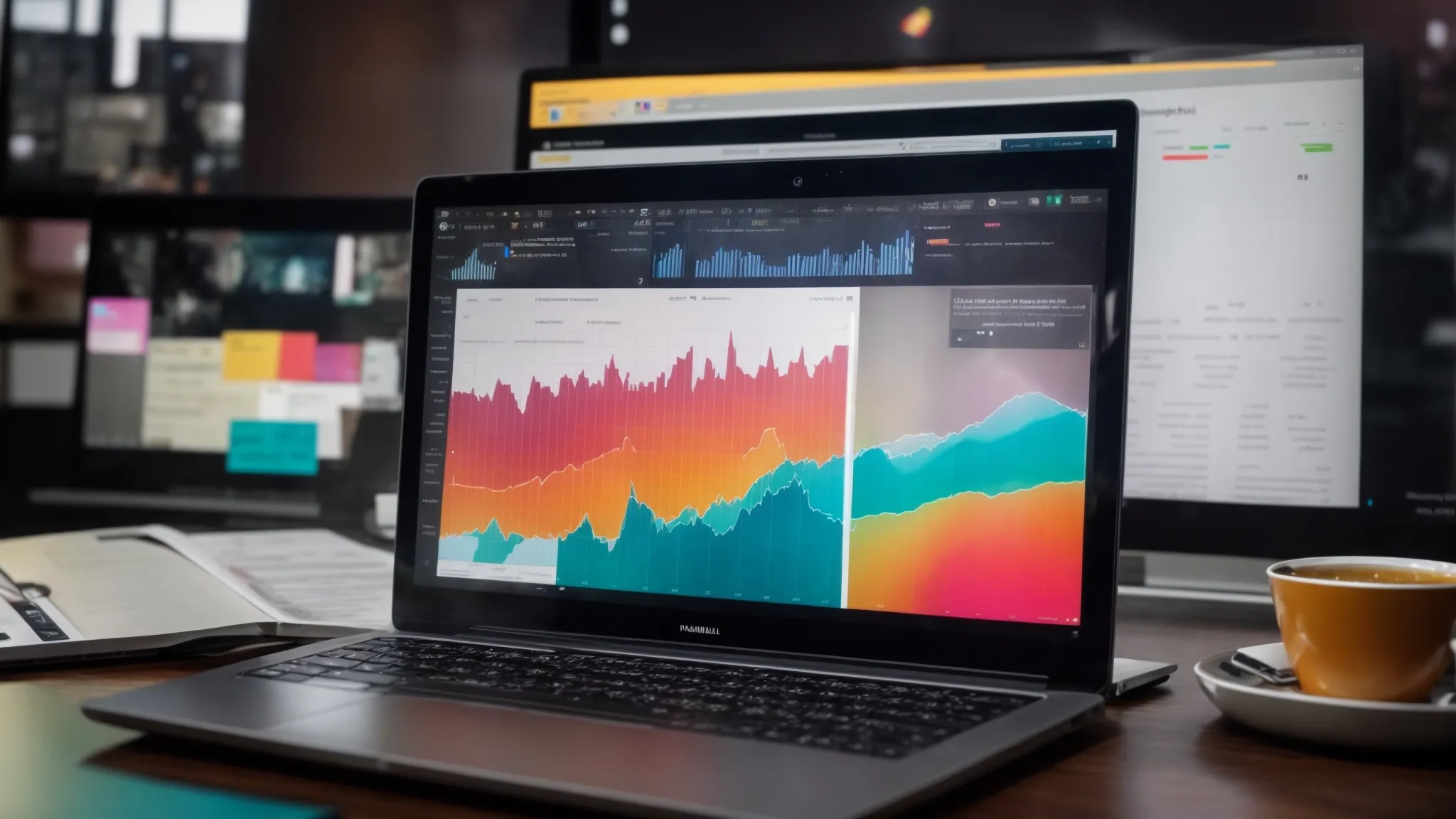a laptop displaying colorful graphs and data analysis on its screen, surrounded by marketing strategy notes and an amazon webpage in the background.