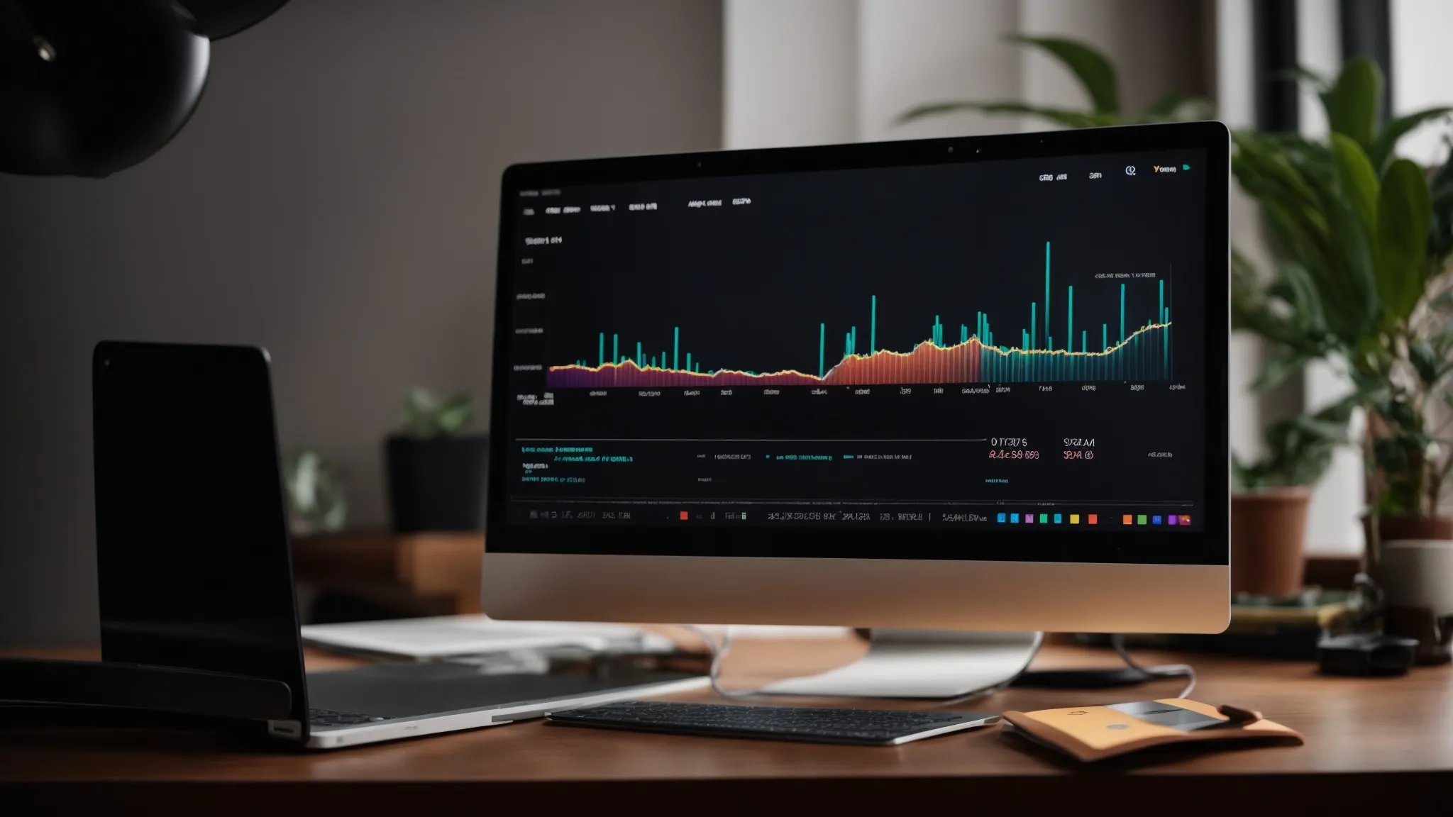 a laptop displaying colorful graphs and search volume data is open on a modern desk.