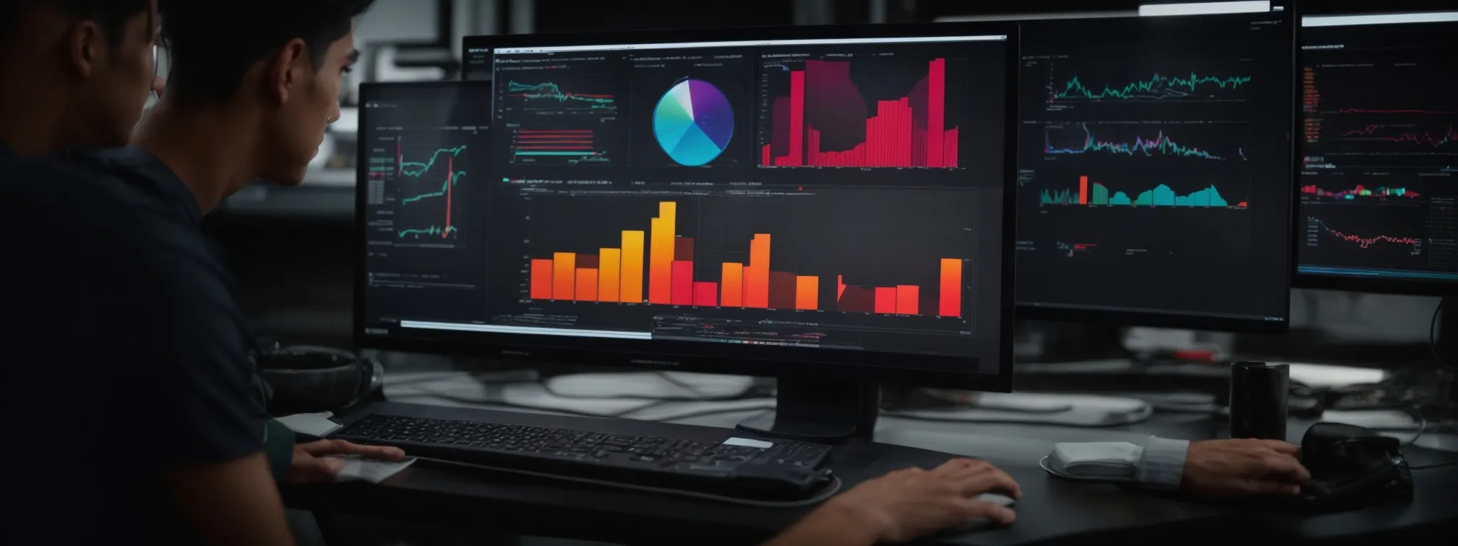 a person analyzing colorful graphs and charts on a computer screen, illustrating search trend data over time.