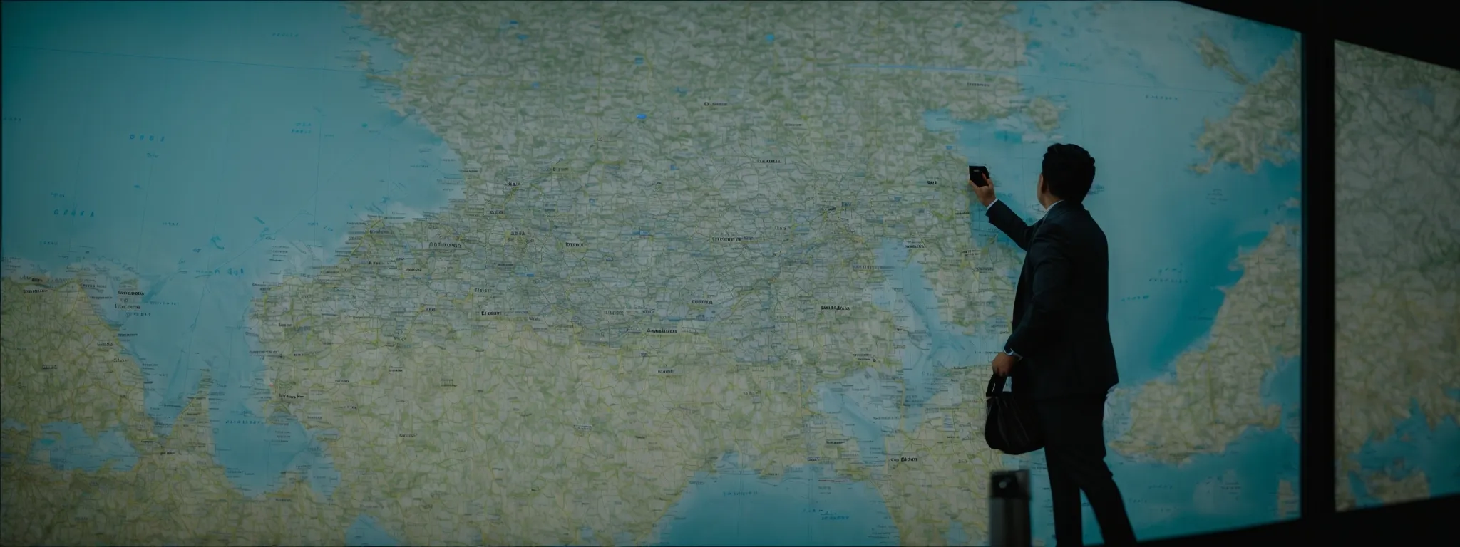 a person interacting with a large interactive map display, pinpointing different locations.