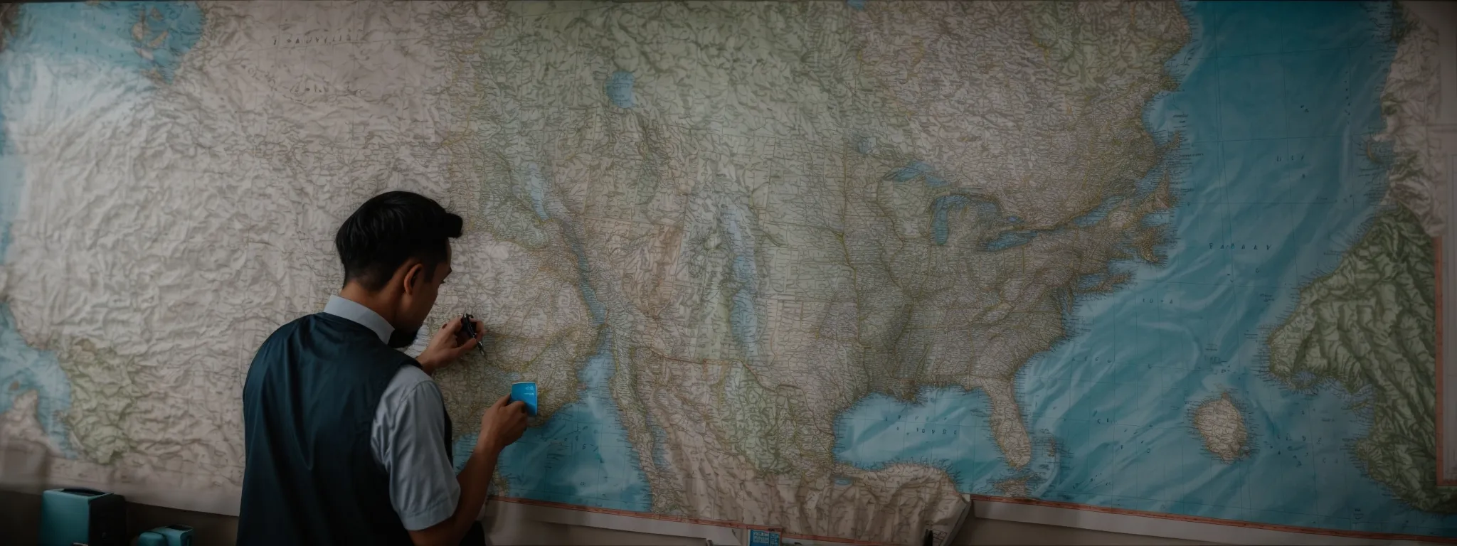a local business owner examines a large map on a wall, marking specific areas with different colored pins.