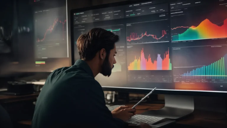 a person is intently analyzing colorful graphs and charts on a monitor displaying keyword research data within the searchatlas software interface.