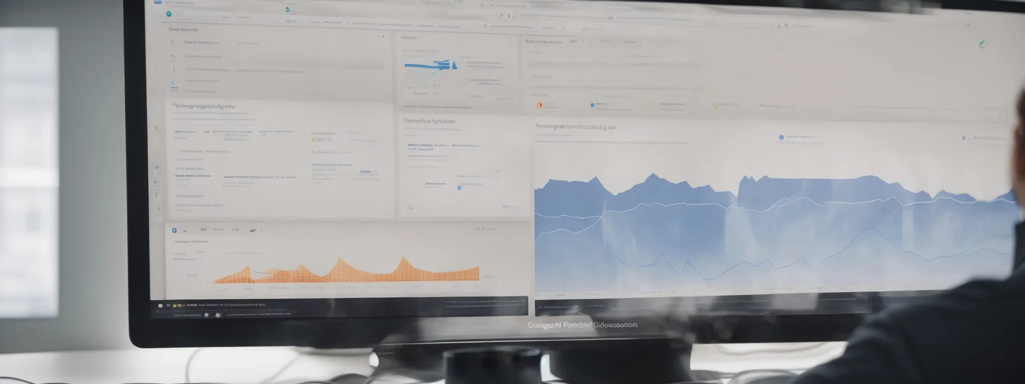 a marketer analyzes graphs and charts on a computer screen within the google ads interface, optimizing ppc campaign strategies.
