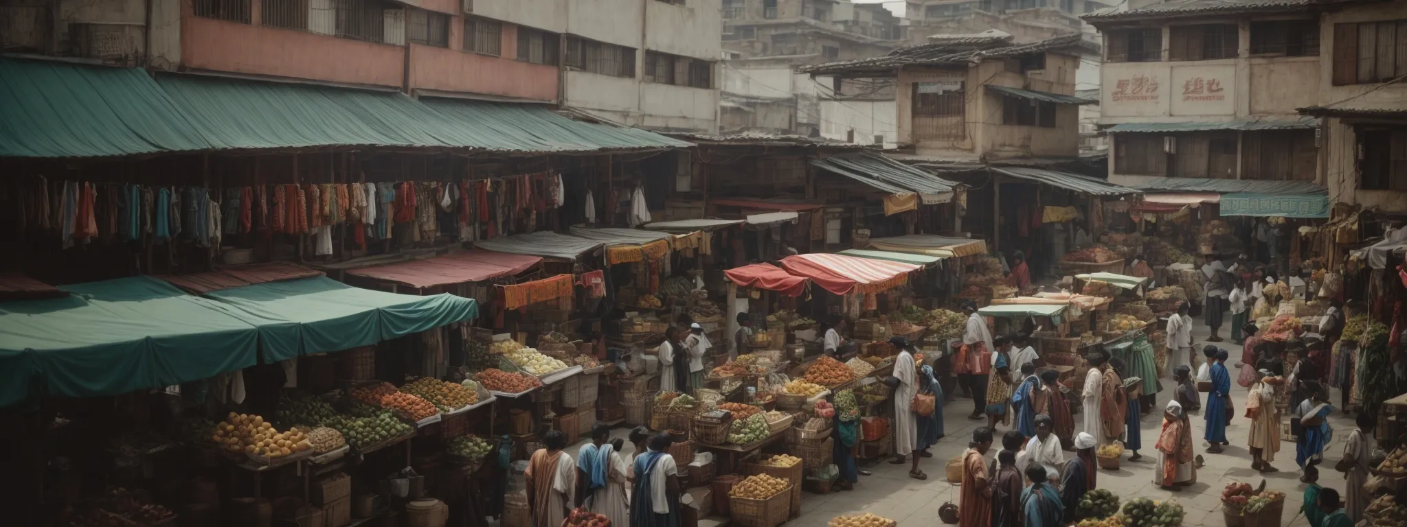 a bustling local market with diverse storefronts, symbolizing the search for unique community-specific keywords.